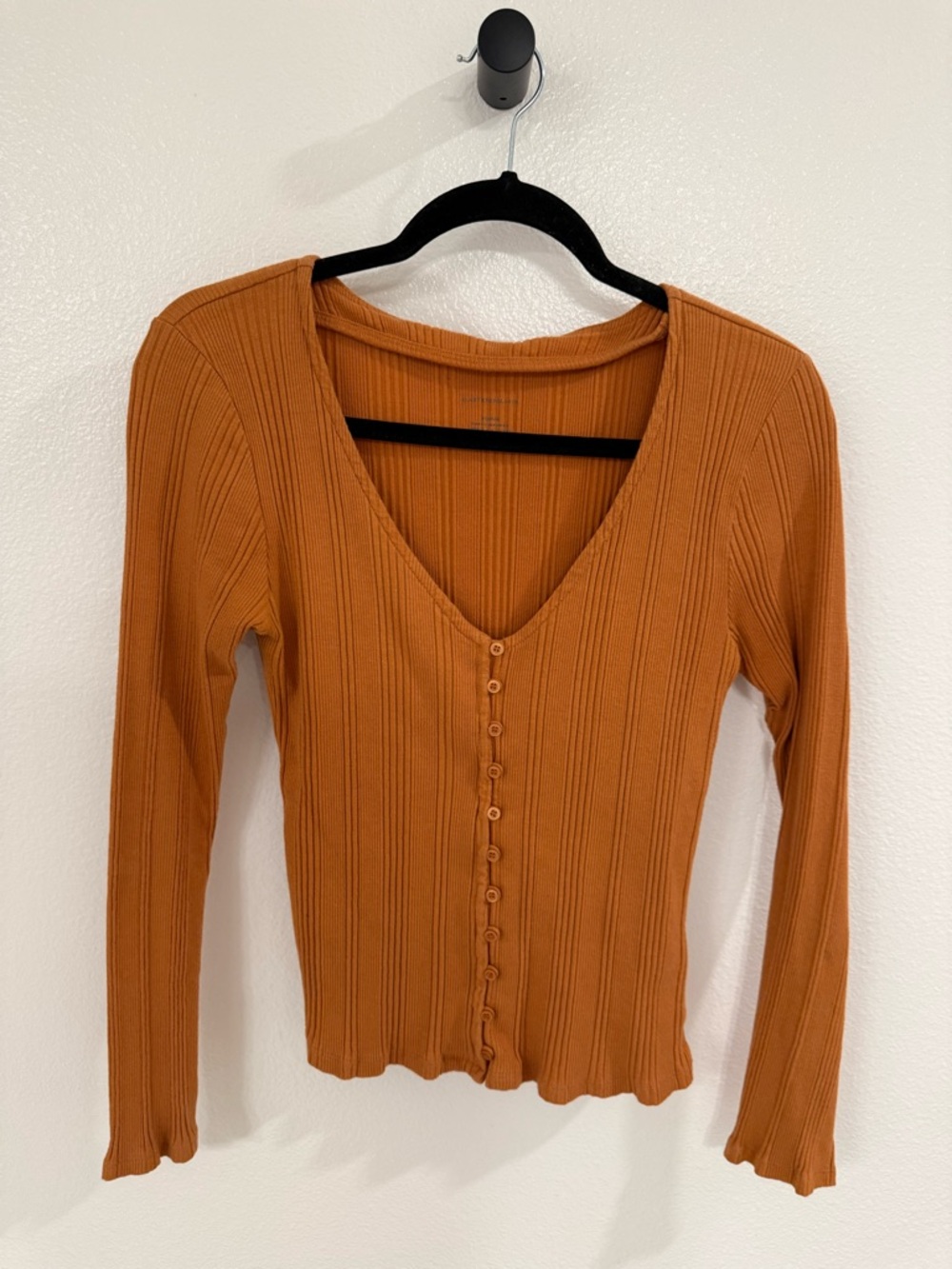 Ribbed Button-Front V-Neck Long Sleeve Top